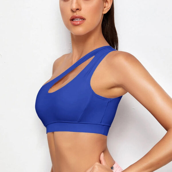 blue one shoulder running sports bra