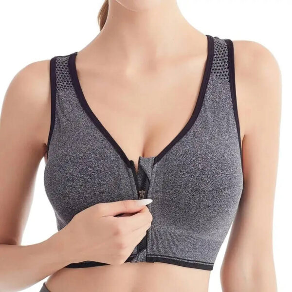 gray zip front sports bra