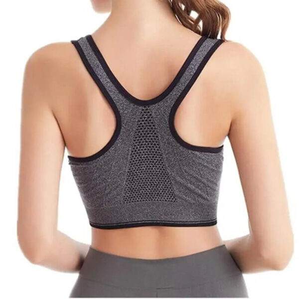 gray zip front sports bra backside