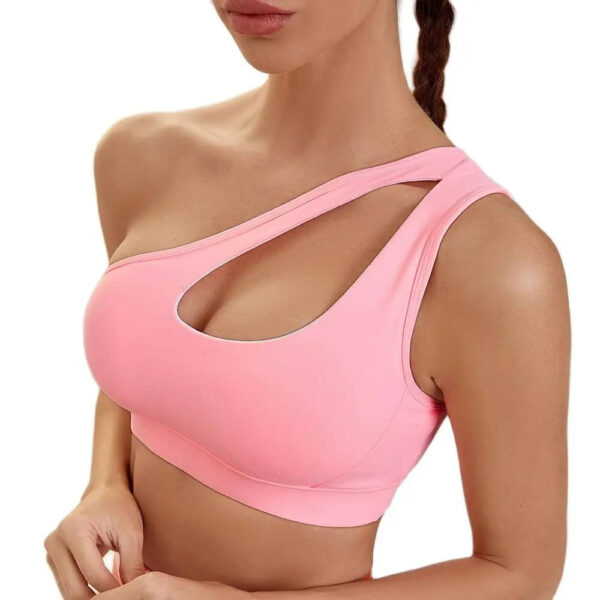 pink one shoulder running sports bra