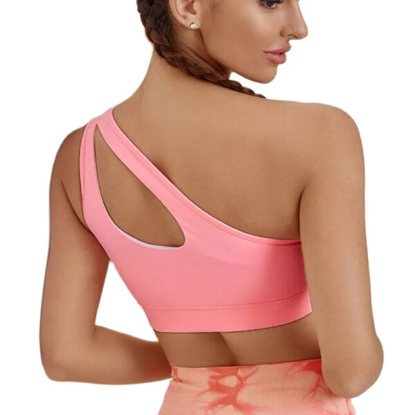 pink one shoulder running sports bra backside