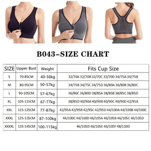 zip front sports bra size chart
